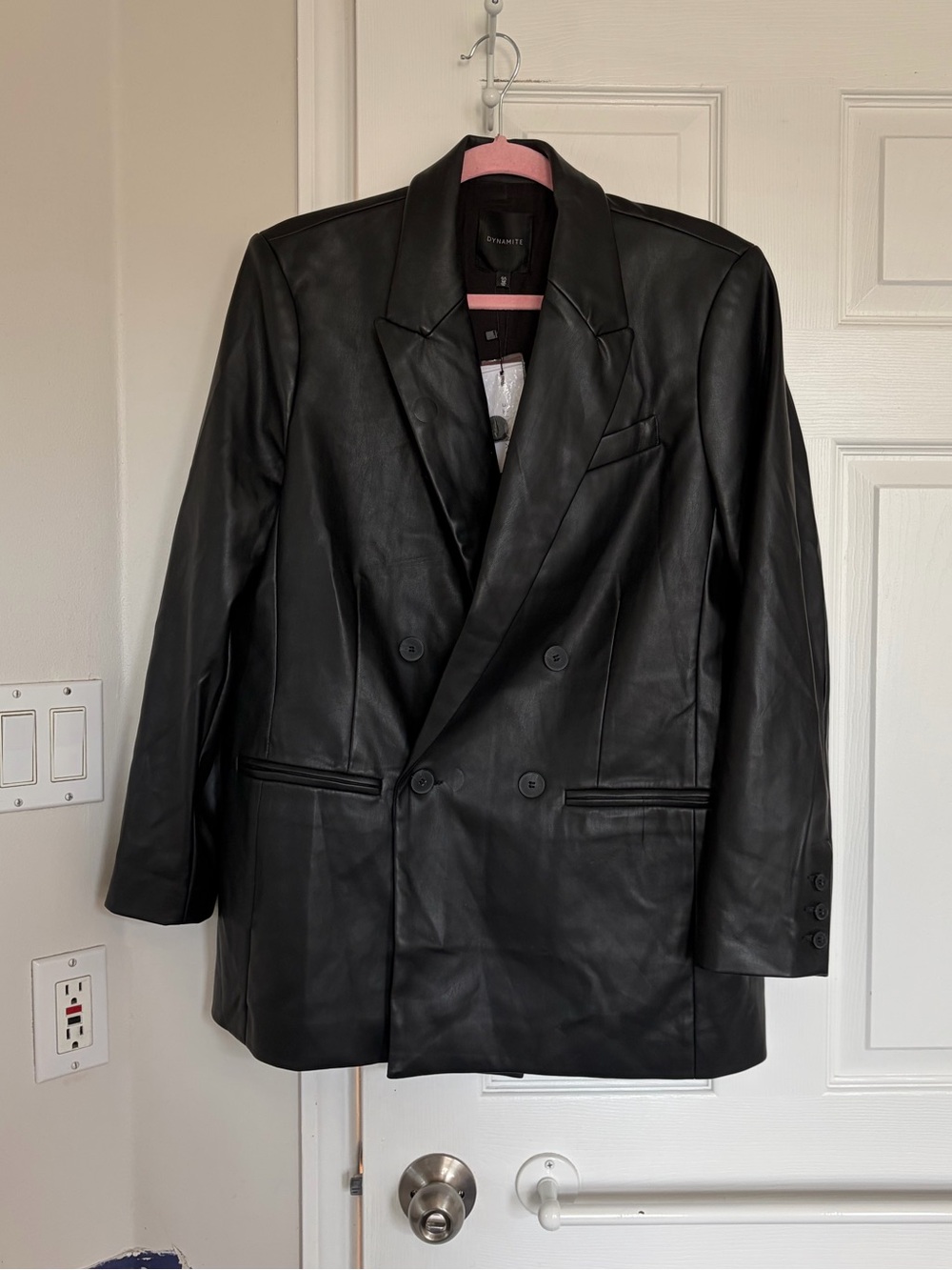 Dynamite Black Double-Breasted Faux Leather Blazer